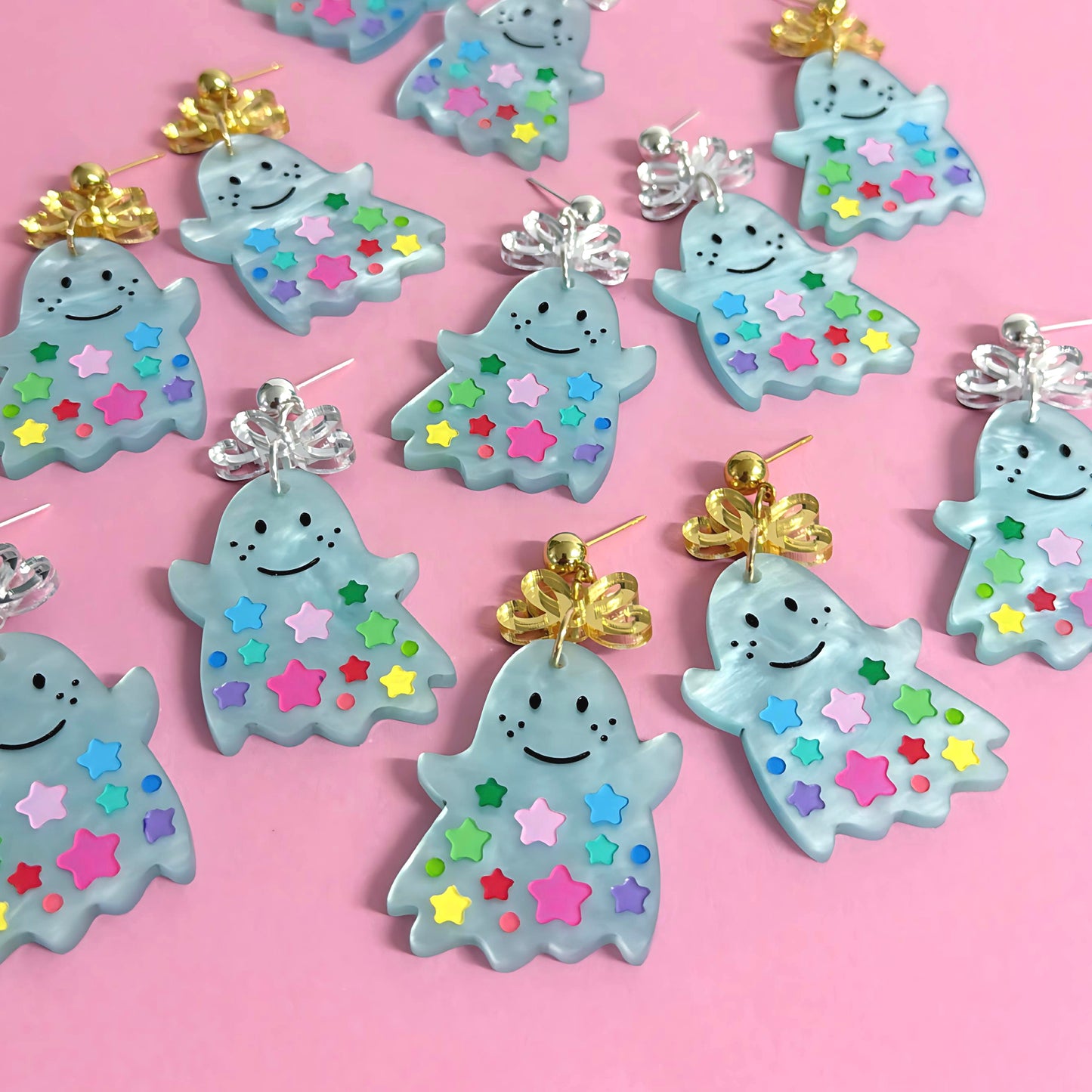 RAINBOW STARDUST GHOSTS : Choose silver or gold fittings : Handpainted Acrylic DROP Earrings