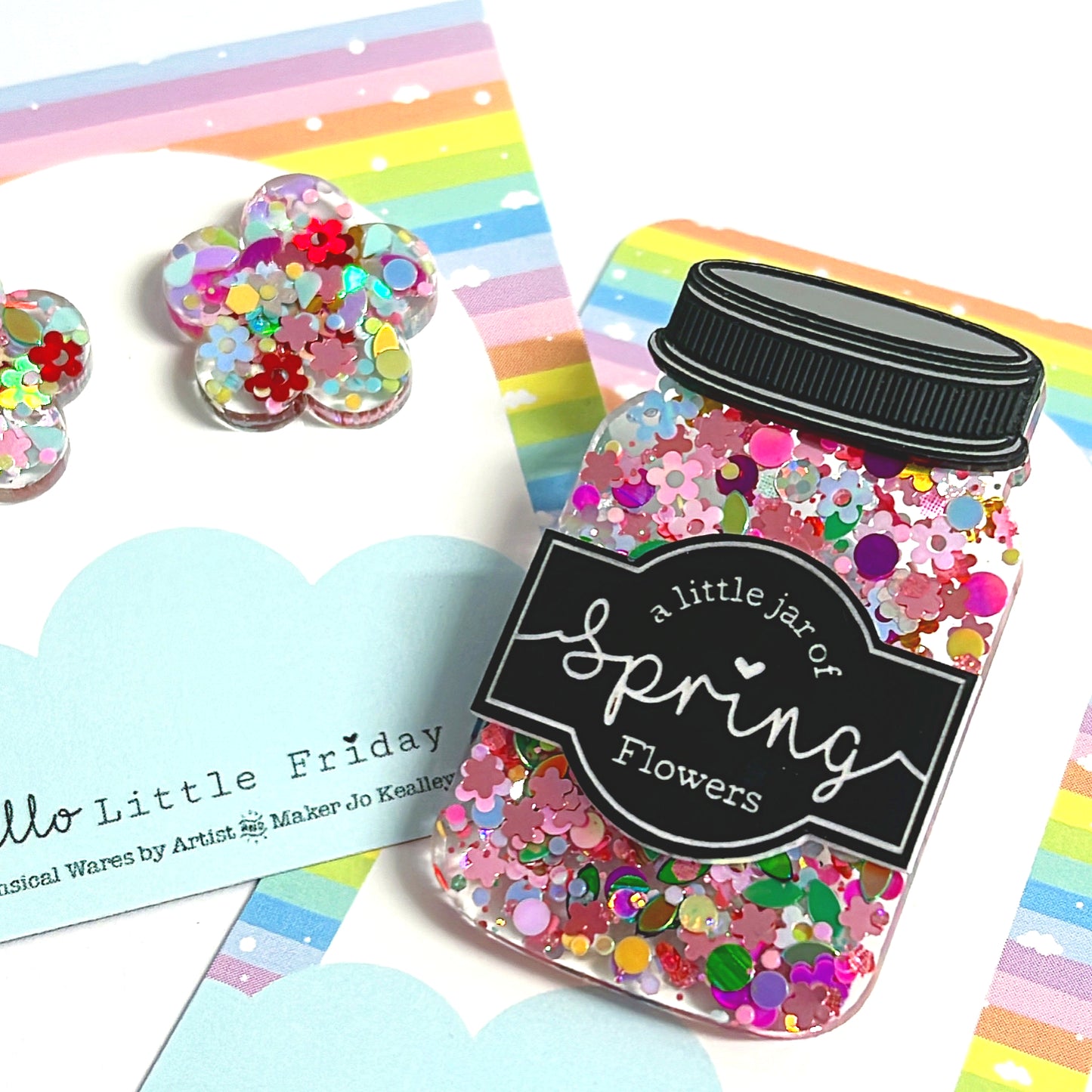 A LITTLE JAR OF SPRING FLOWERS : Handmade Resin & Acrylic BROOCH or STUD Earrings