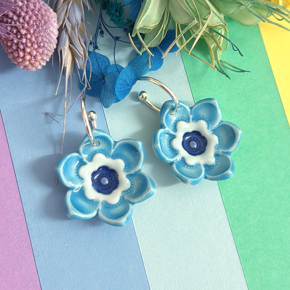 FORGET-ME NOTS Turquoise Blue & Cobalt ~ PORCELAIN Drop Earrings Handmade by Jo Kealley