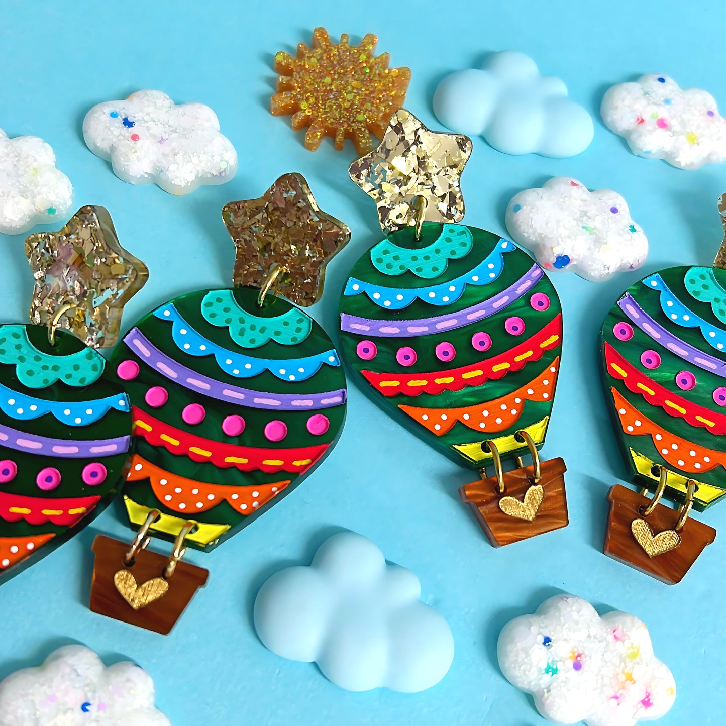 LET’S FLY AWAY : Emerald Shimmer : HOT AIR BALLOONS : Handmade Resin & Acrylic DROP Earrings