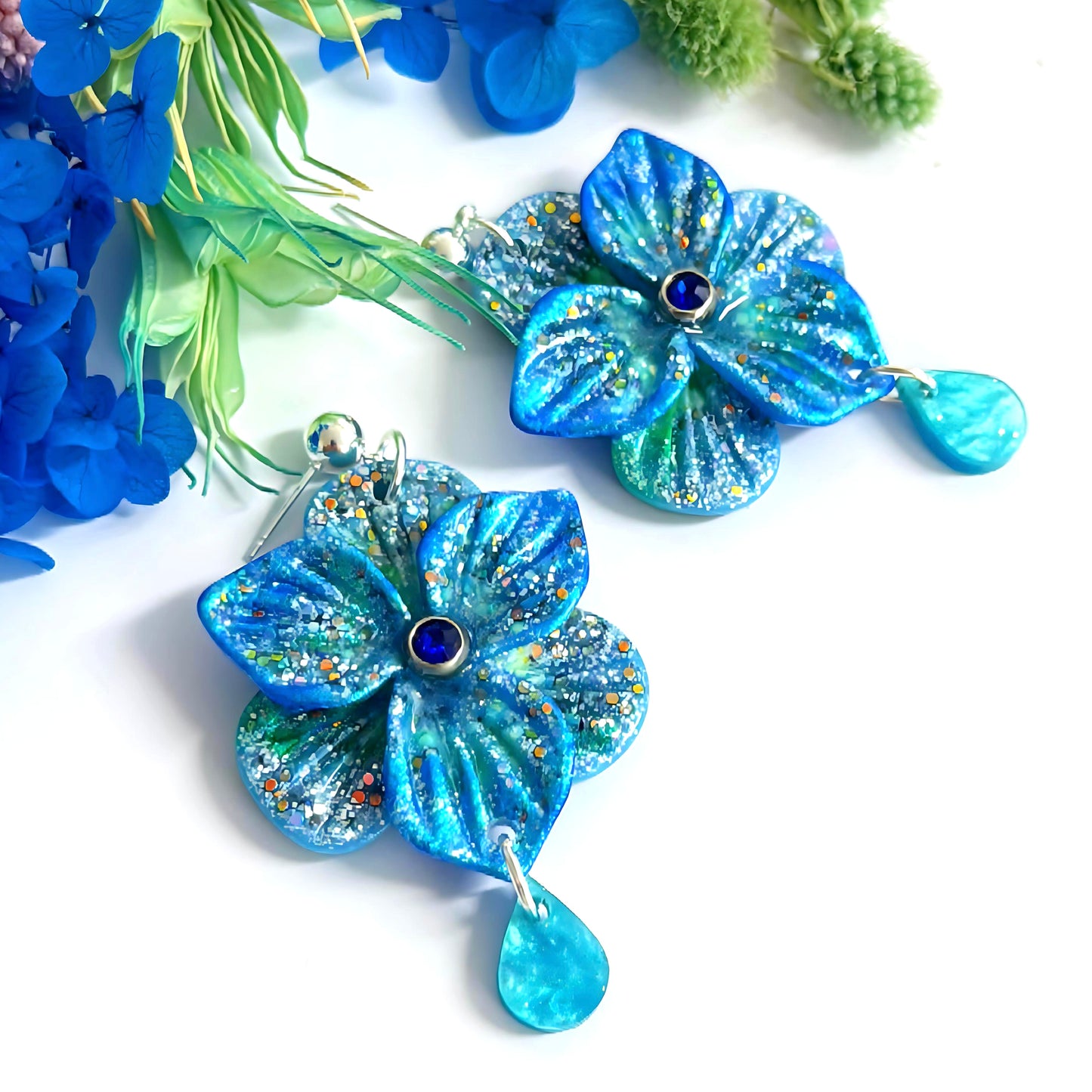 One of a Kind : 3D PANSIES with handset Swarovski Crystal centres : Handmade Resin DROP Earrings