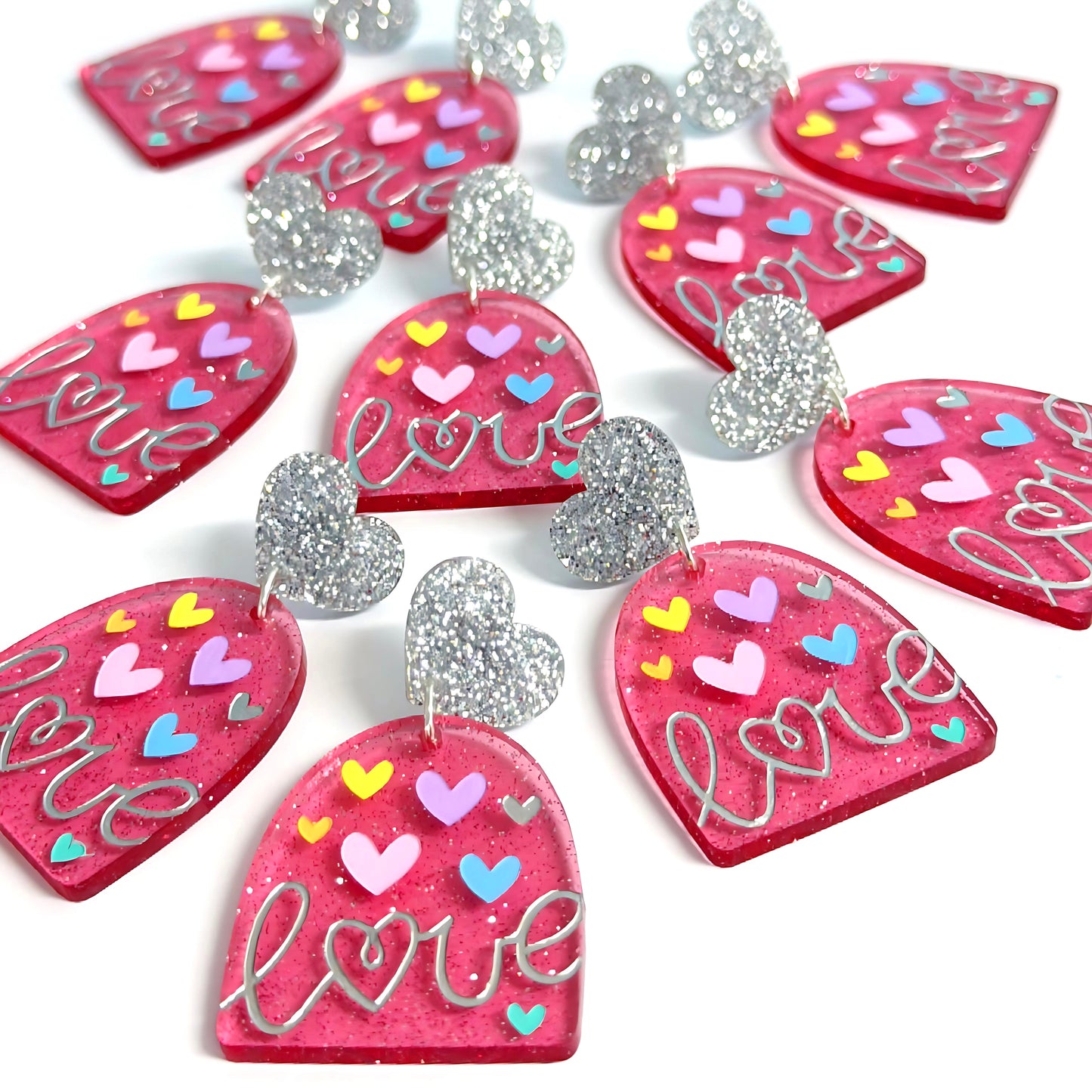 LOVE ACTUALLY : HOLOGRAPHIC GLITTER STRAWBERRY PINK : Handpainted Acrylic Drop Earrings