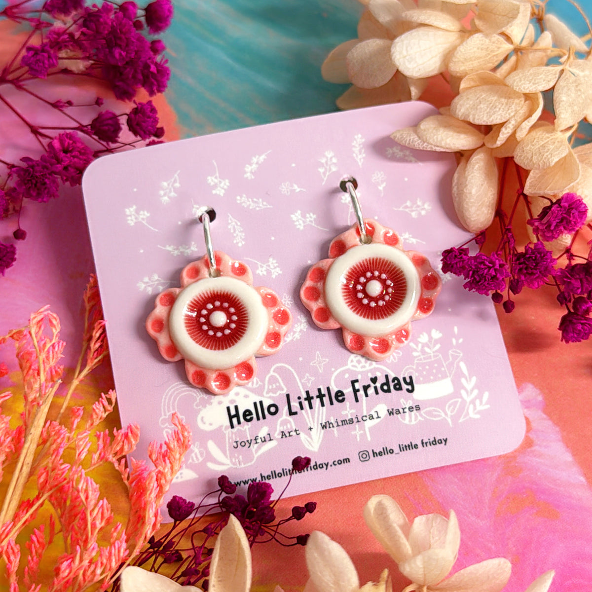 RUFFLE STARS Peony & Rose Red ~ PORCELAIN Drop Earrings Handmade by Jo Kealley