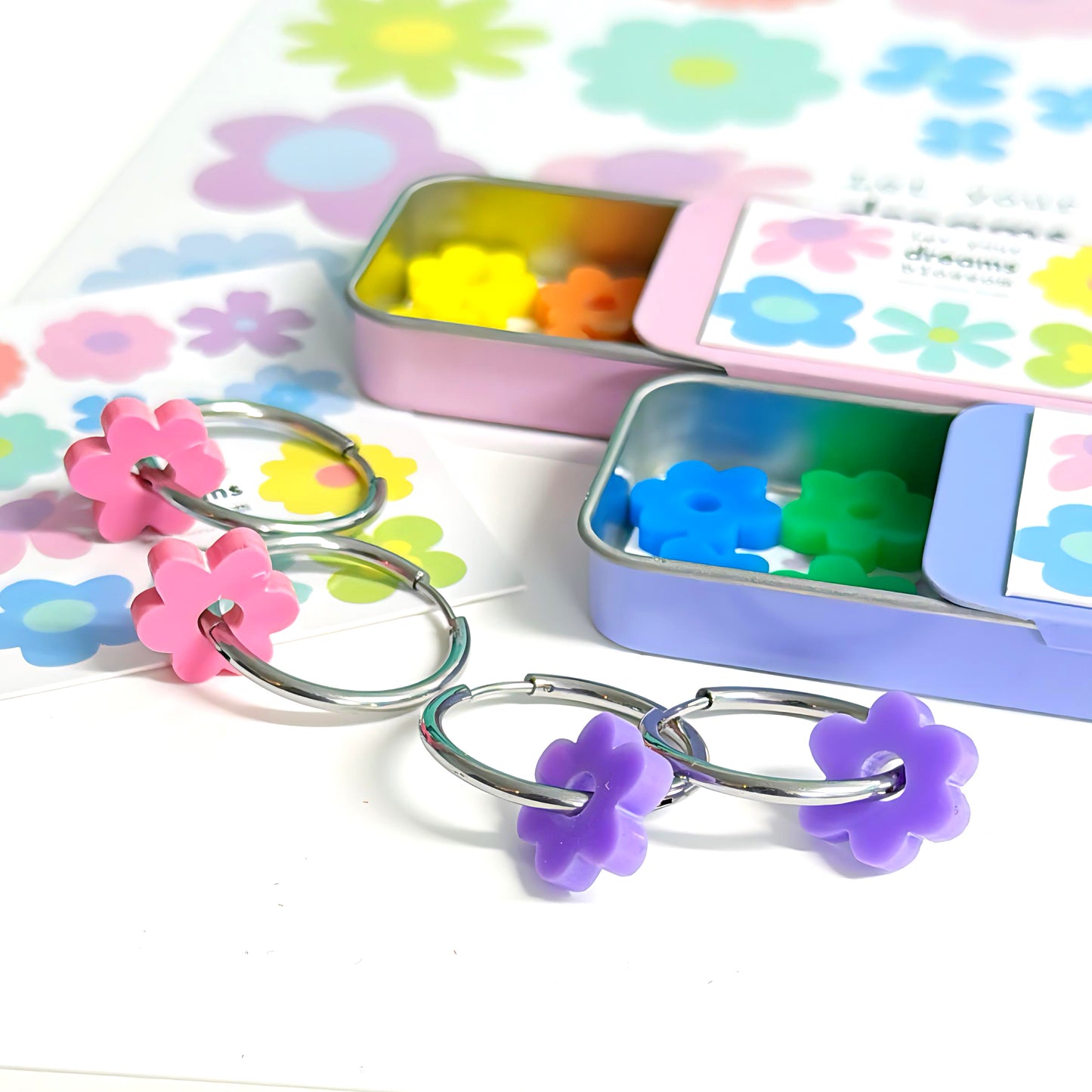 PETITE DAISY SPINNER SETS : 3 pairs of daisies + 1 pair of hoops : Choose warm or cool set : Handmade Acrylic DROP Earrings