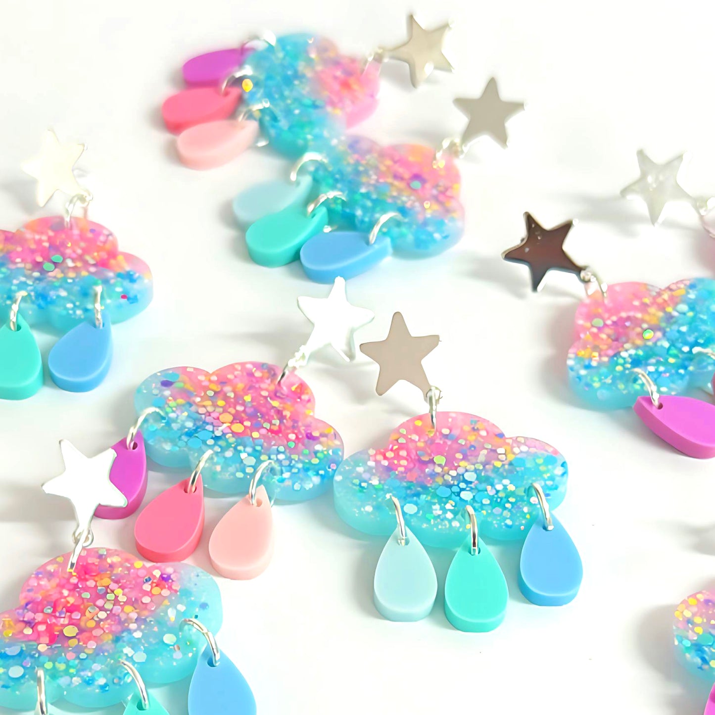 BUBBLEGUM CLOUDS : Asymmetric Pastel Rainbow l: Handmade Resin & Acrylic Drop Earrings