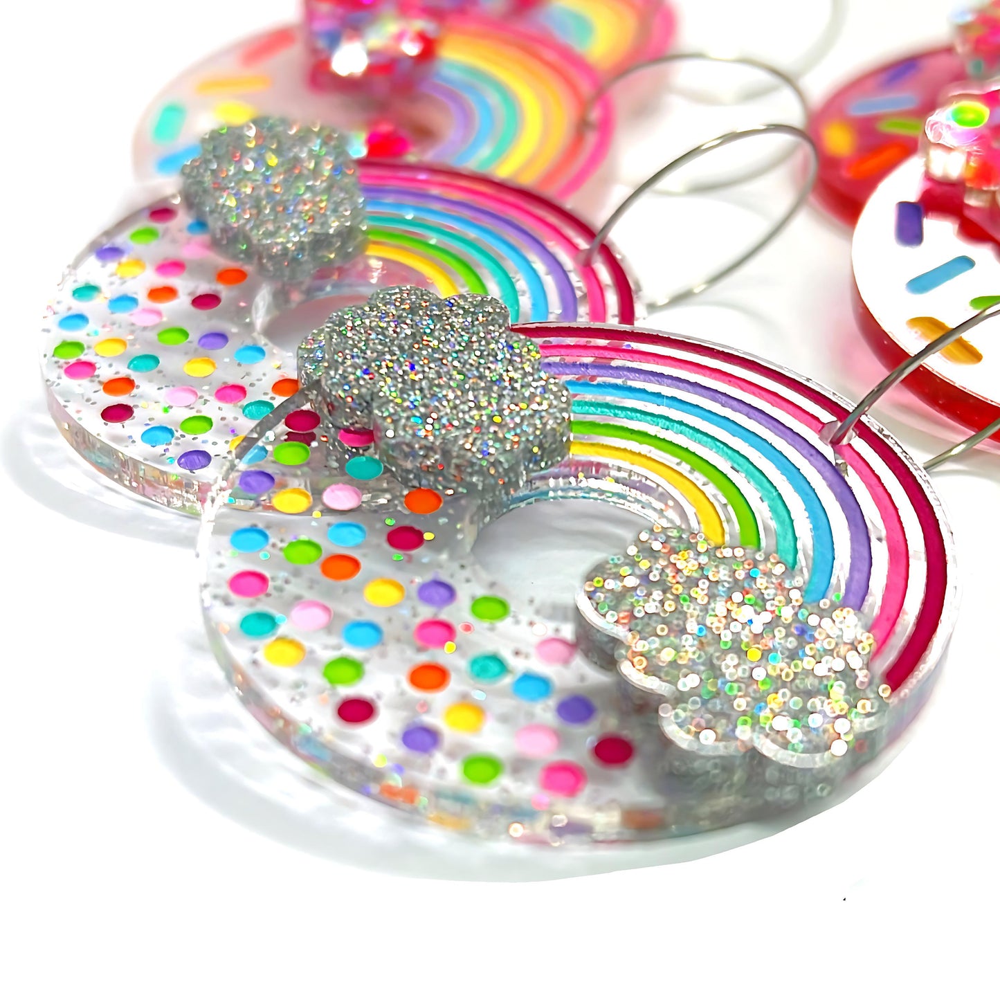 FAIRY BREAD DONUTS : SHIMMER TWINKLE : Handpainted Acrylic & Cast Resin Drop Earrings
