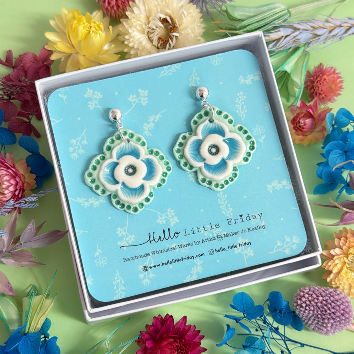 PRETTY PANSIES Mint & Teal ~ PORCELAIN Drop Earrings Handmade by Jo Kealley