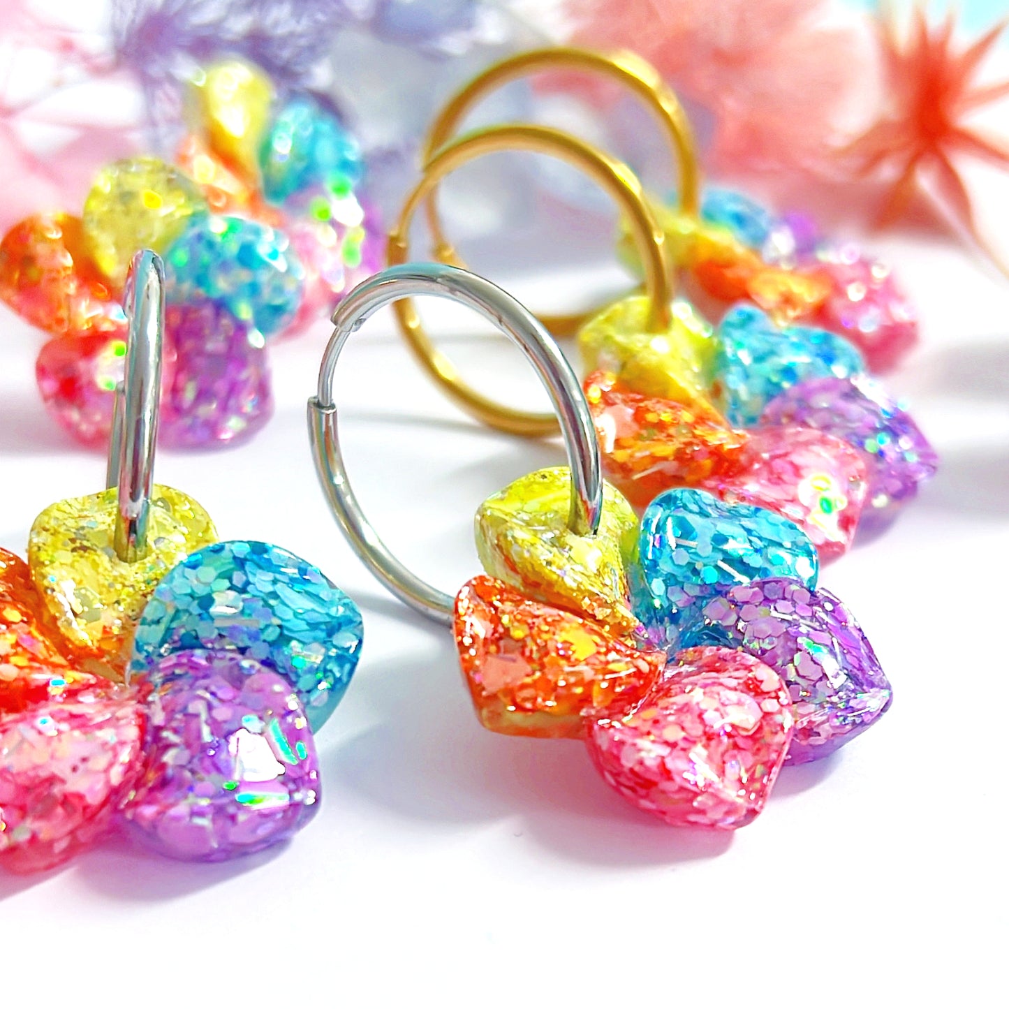 PASTEL RAINBOW FRANGIPANIS: Choose Silver or Gold fittings : Handmade Resin DROP Earrings
