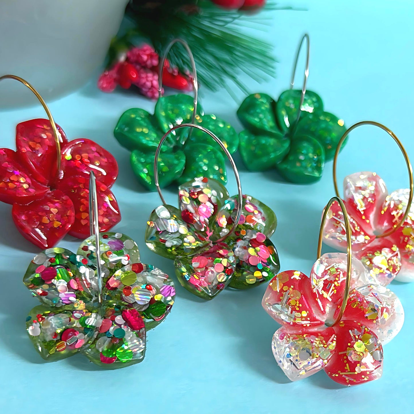 FESTIVE FRANGIPANI SPINNERS : Choose your colour : Handmade Resin DROP Earrings
