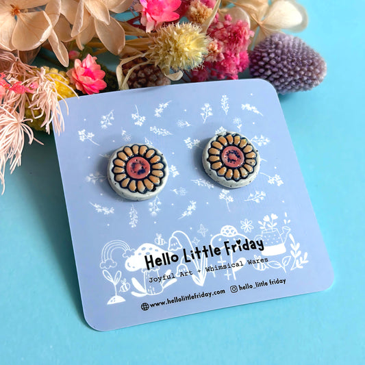 BOTANICA CERAMICA STUDS : Sunflower: Handmade Ceramic STUD Earrings by Jo Kealley