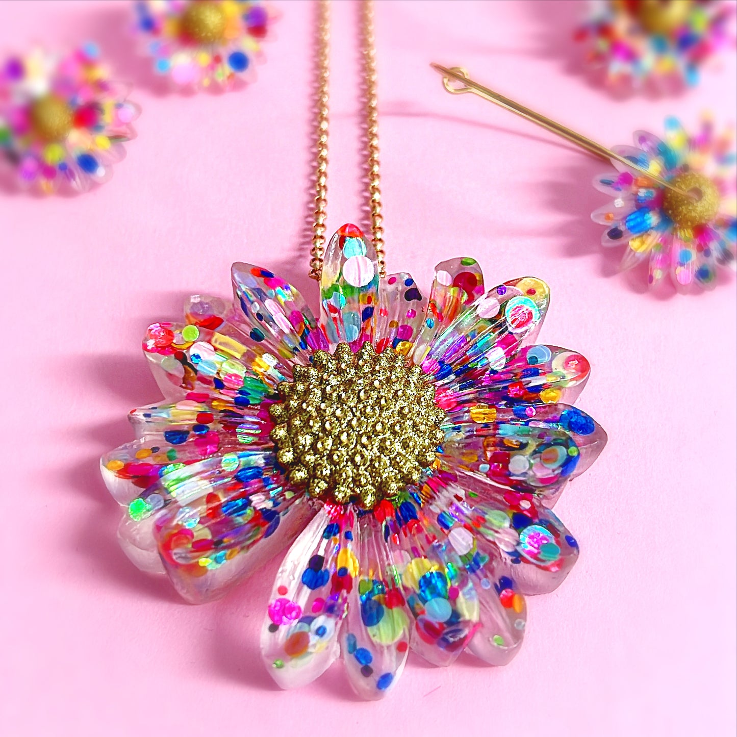 Confetti Rainbow Daisy : Handmade Resin PENDANT
