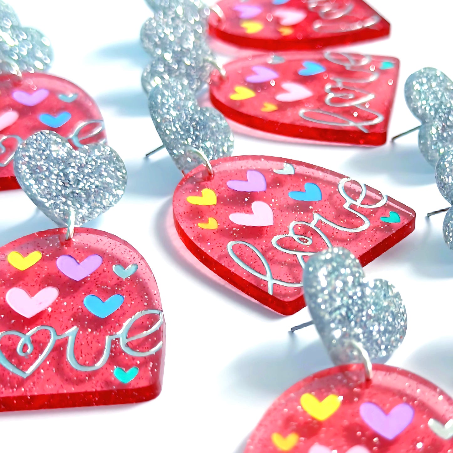 LOVE ACTUALLY : HOLOGRAPHIC GLITTER STRAWBERRY PINK : Handpainted Acrylic Drop Earrings