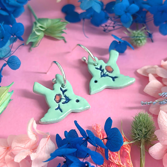 BOTANICA CERAMICA : Celadon Green : BLUEBIRDS : Ceramic Earrings by Jo Kealley