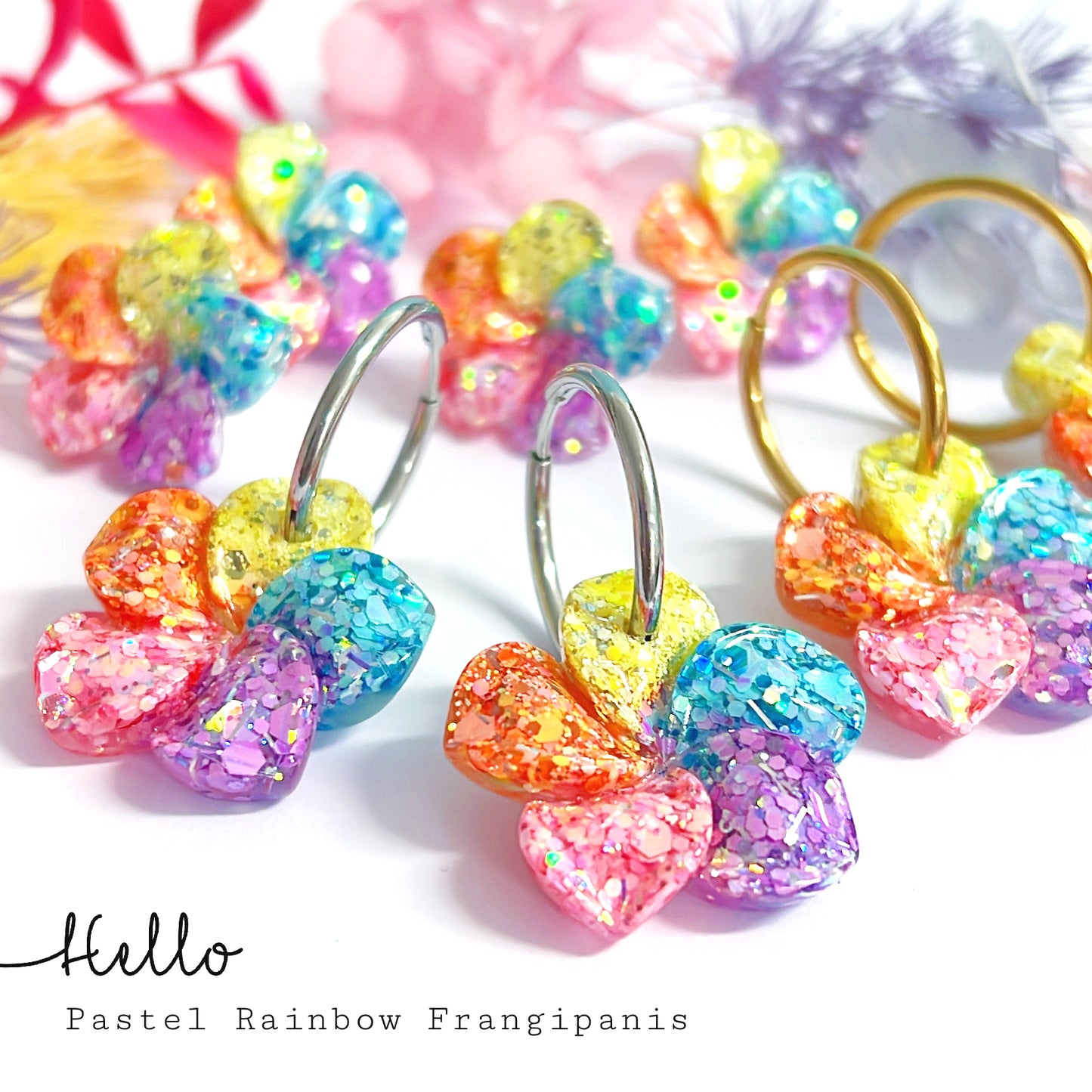 PASTEL RAINBOW FRANGIPANIS: Choose Silver or Gold fittings : Handmade Resin DROP Earrings