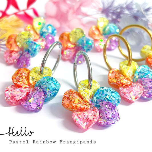 PASTEL RAINBOW FRANGIPANIS: Choose Silver or Gold fittings : Handmade Resin DROP Earrings