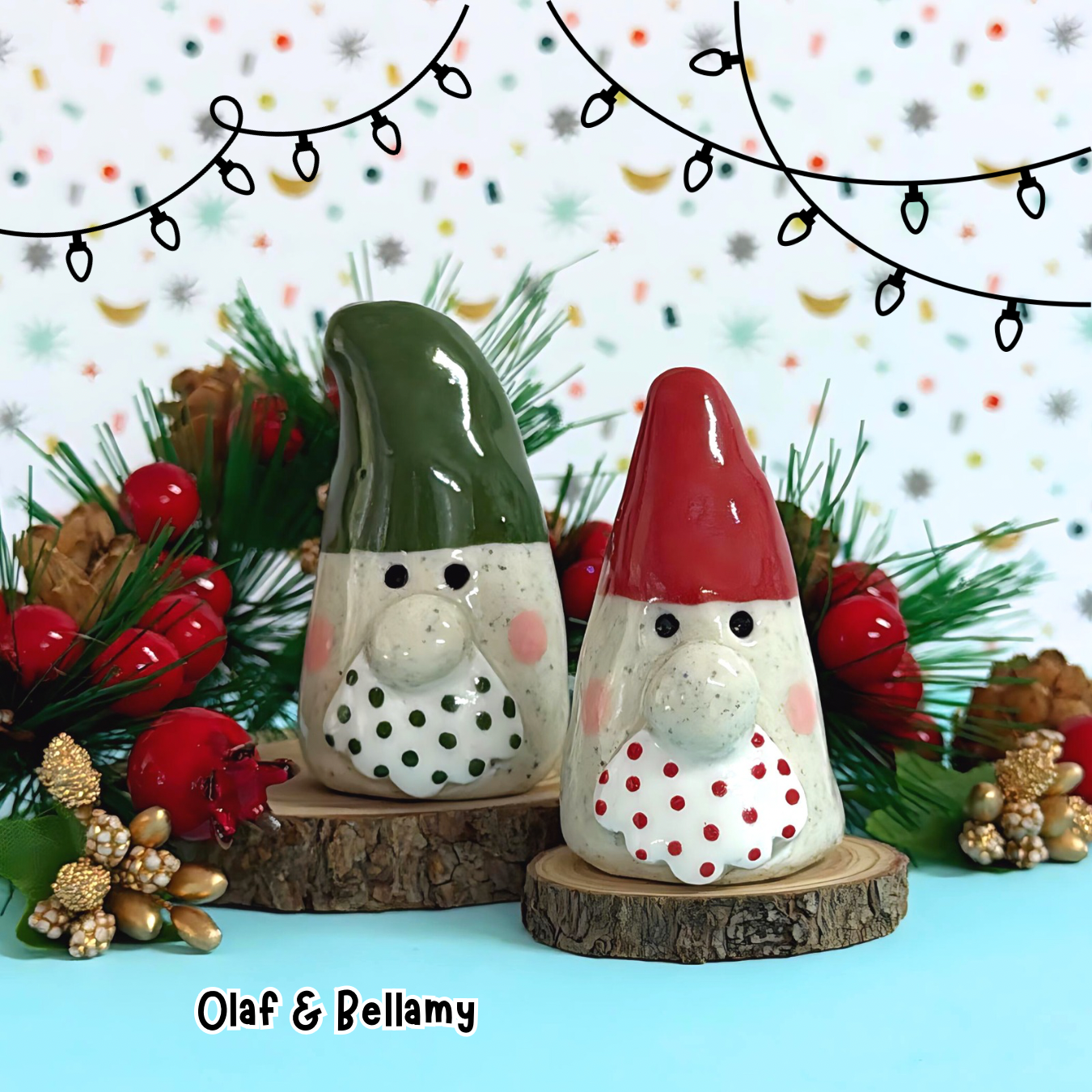 OLAF & BELLAMY : Santa Gnome PAIR : Handmade Ceramic Whimsies by Jo Kealley