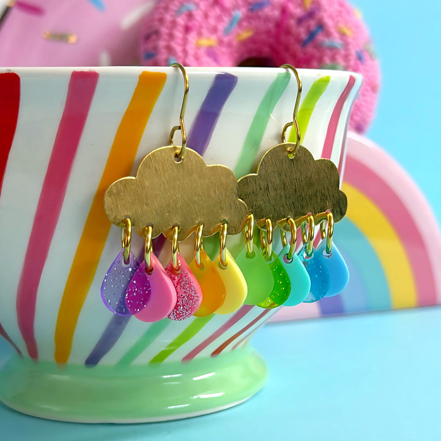 IT’S RAINING RAINBOWS PASTEL : Antique : Handmade Brass & Acrylic DROP Earrings
