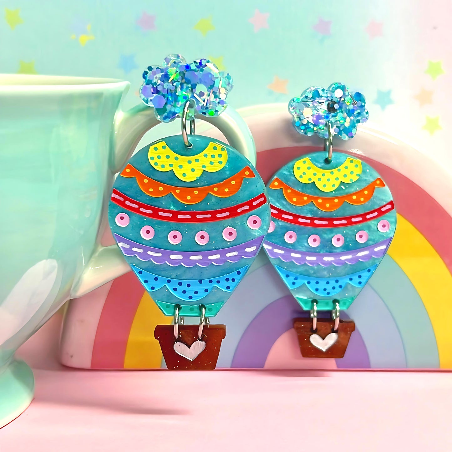 LET’S FLY AWAY : SKY BLUE SHIMMER HOT AIR BALLOONS : Handmade Resin & Acrylic Drop Earrings