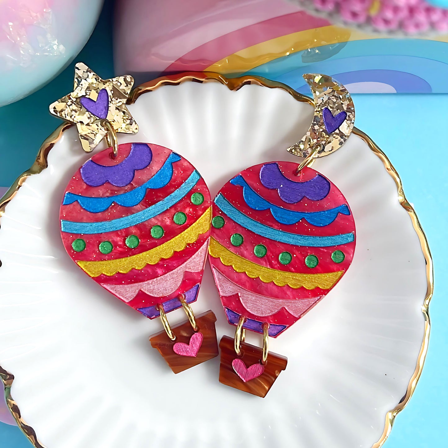 LET’S FLY AWAY : Raspberry Skies : HOT AIR BALLOONS : Handmade Acrylic Drop Earrings by
