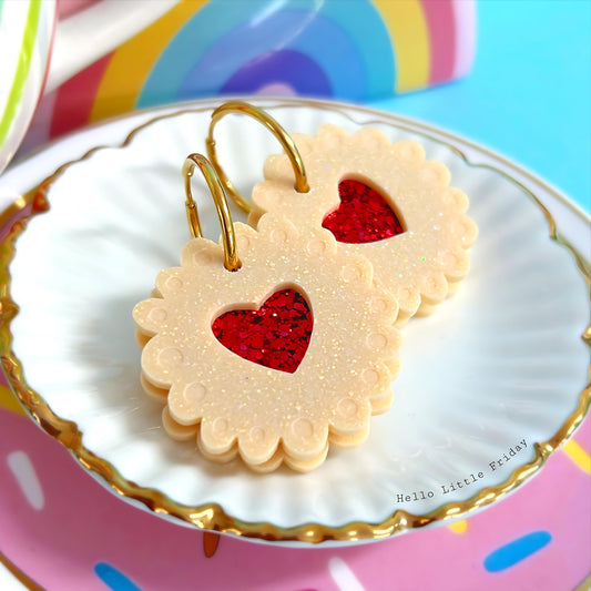 HELLO LITTLE BISCUITS : Heart Cookies : Handmade Resin DROP Earrings