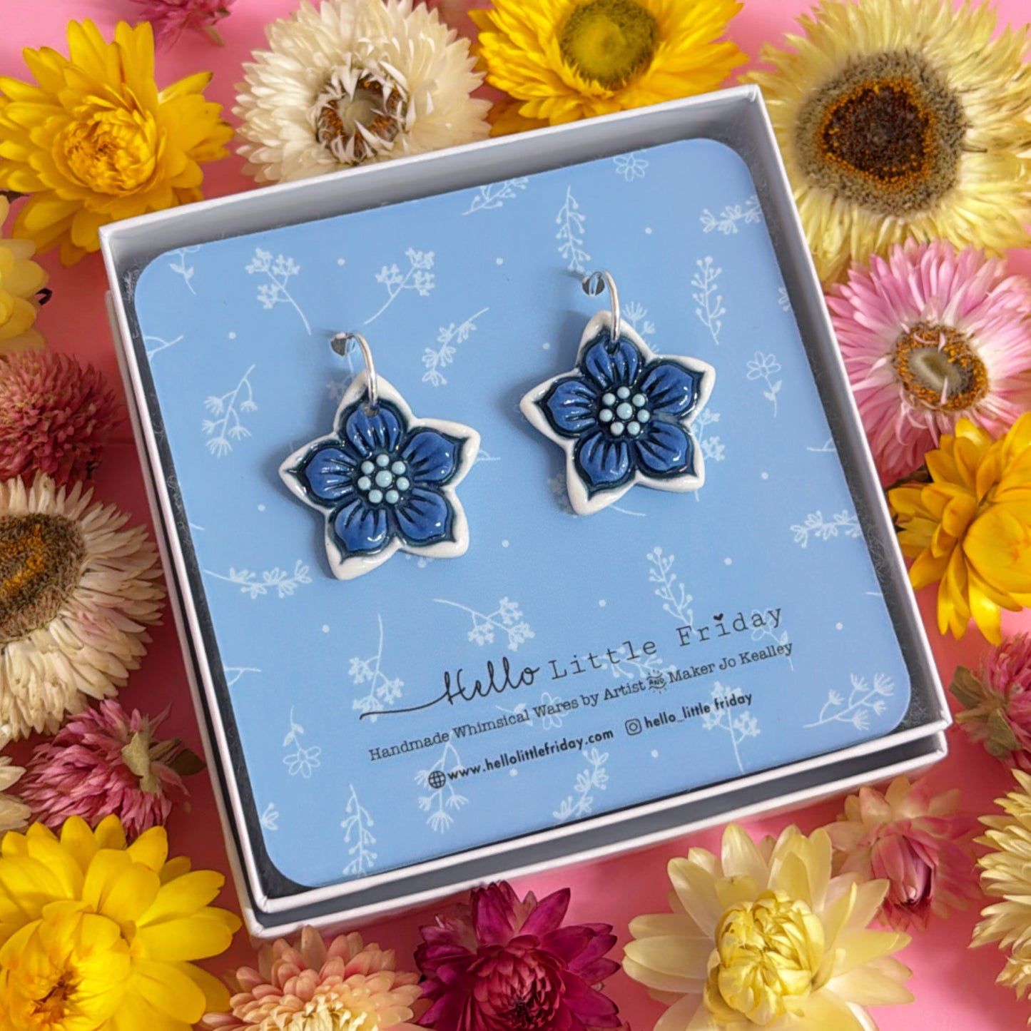 BUTTERCUPS Sky & Indigo ~ PORCELAIN Drop Earrings Handmade by Jo Kealley