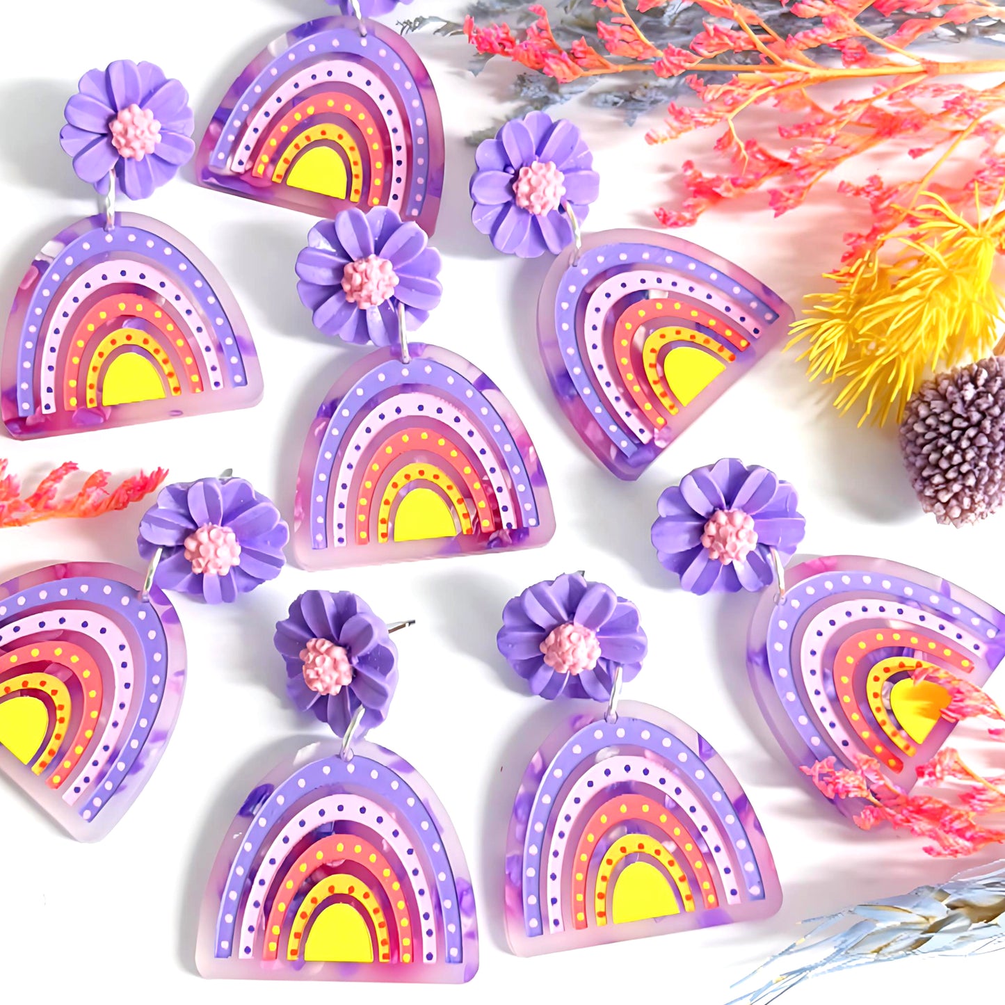 DAISY BOWS : Peach Pink Lavender : Handmade Acrylic Stud-top DROP Earrings