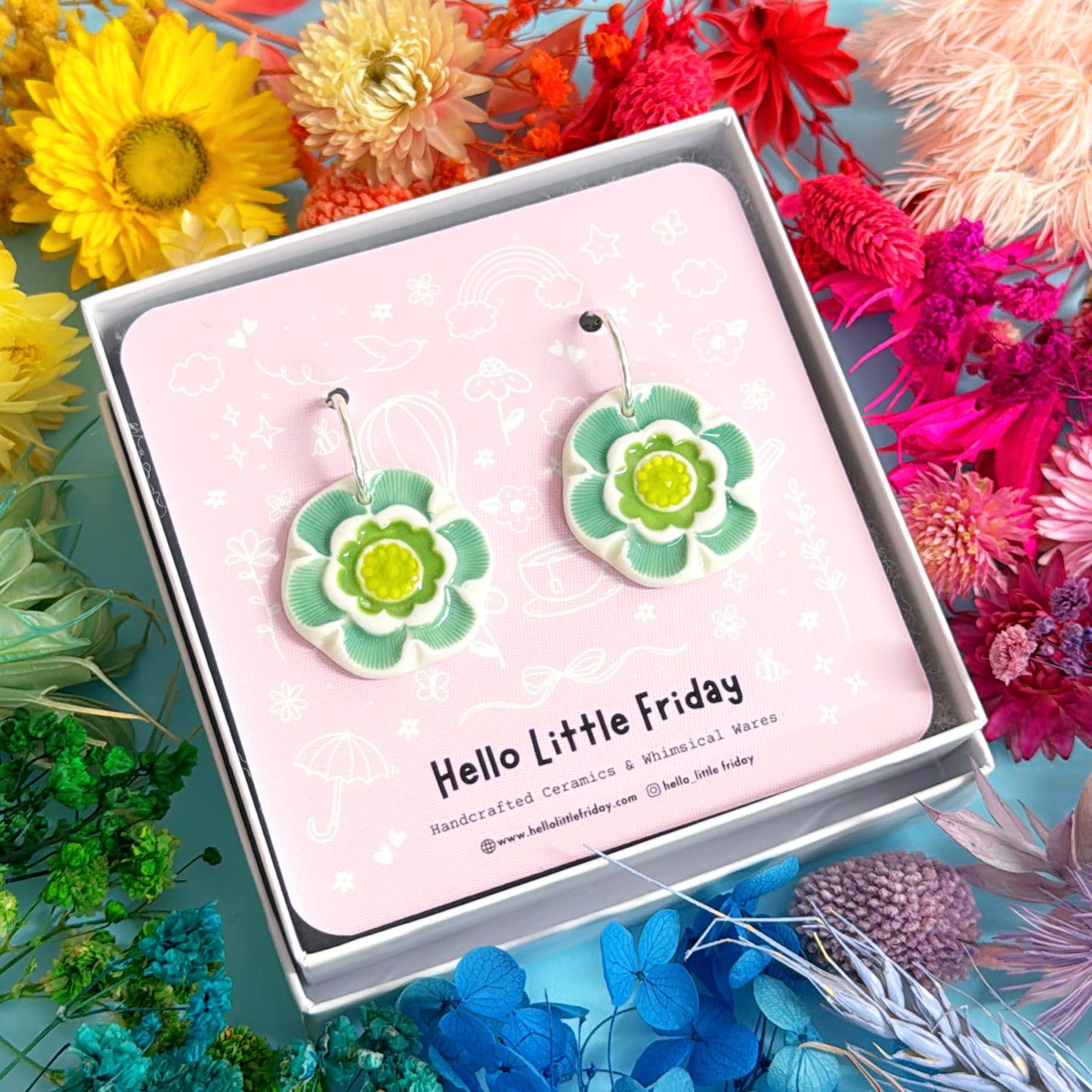 PEONIES Mint & Lime ~ One of a kind pair : PORCELAIN Drop Earrings Handmade by Jo Kealley