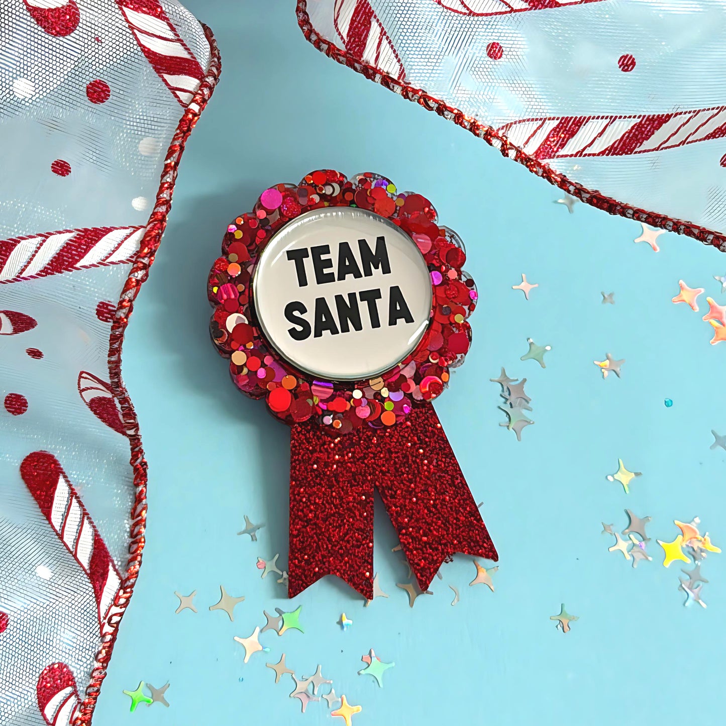 TEAM SANTA : Ruby Red Ribbon Award : Handmade Resin & Acrylic BROOCH