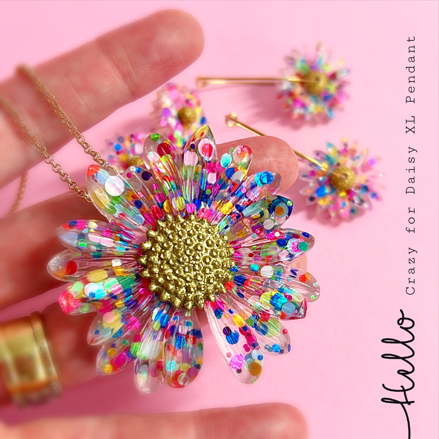 Confetti Rainbow Daisy : Handmade Resin PENDANT