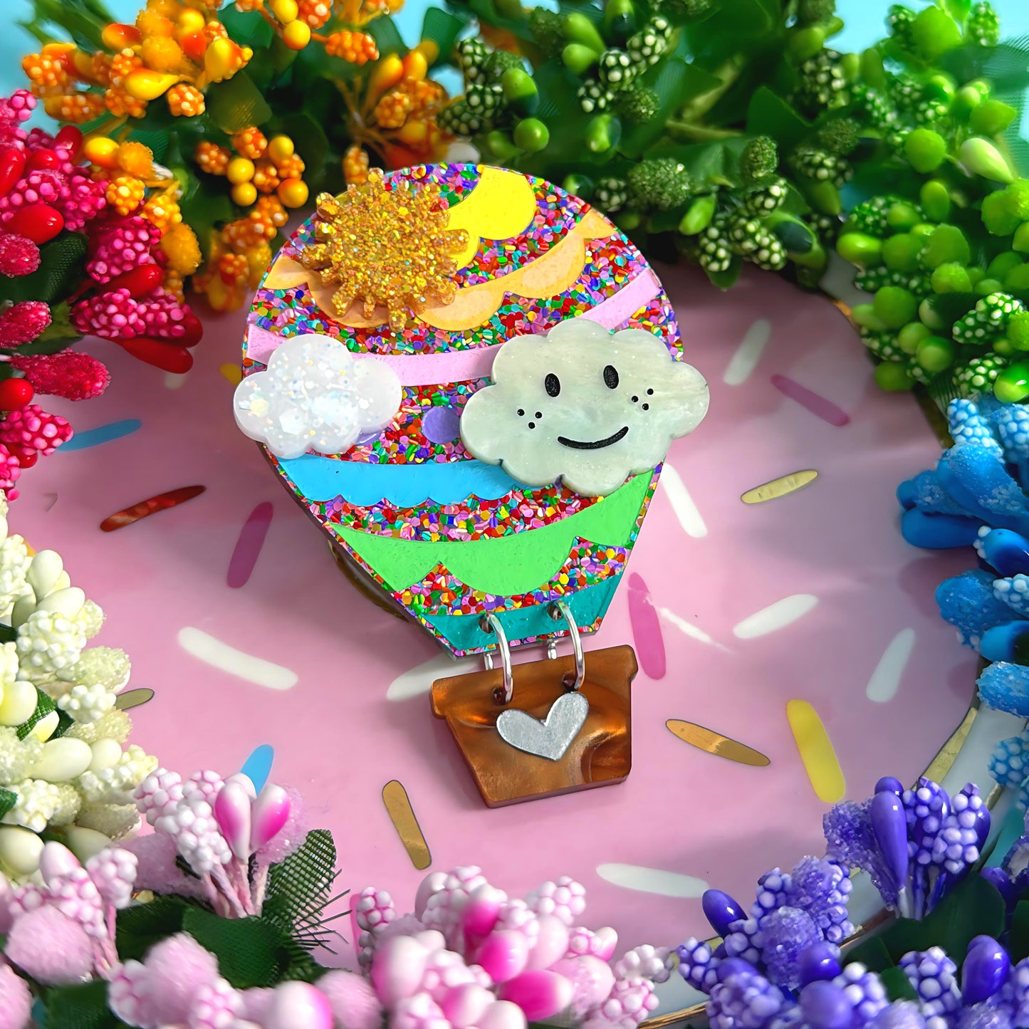 LET’S FLY AWAY : HOT AIR BALLOON : Pastel Rainbow : Handmade Resin & Acrylic BROOCH