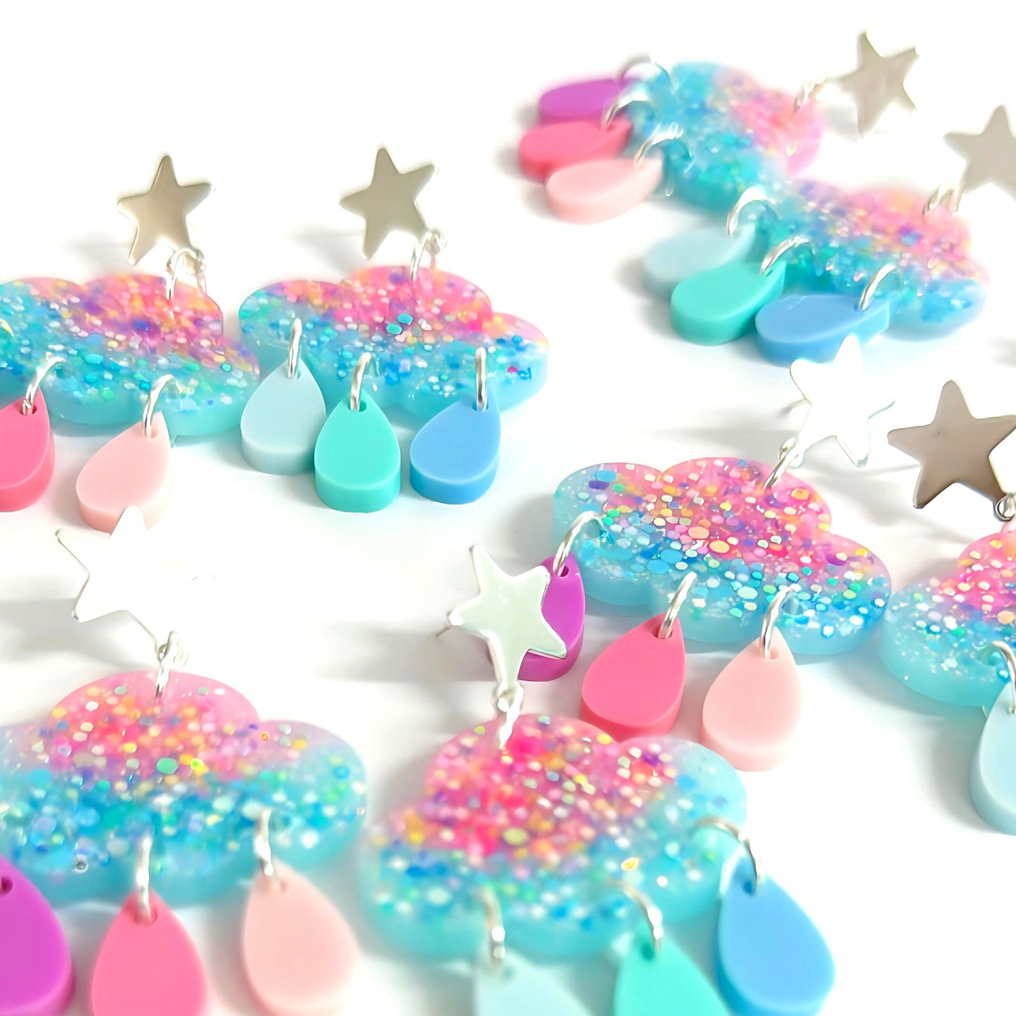 BUBBLEGUM CLOUDS : Asymmetric Pastel Rainbow l: Handmade Resin & Acrylic Drop Earrings