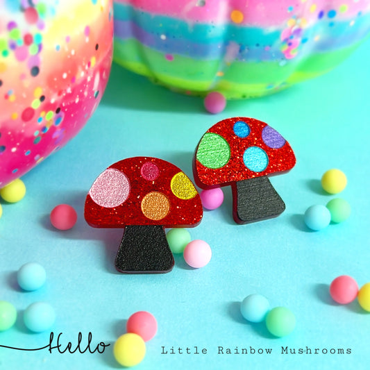 RAINBOW POLKA DOT MUSHROOMS : Handmade Acrylic STUD Earrings