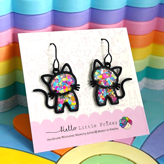 HELLO RAINBOW KITTY CAT : Handmade Resin DROP Earrings