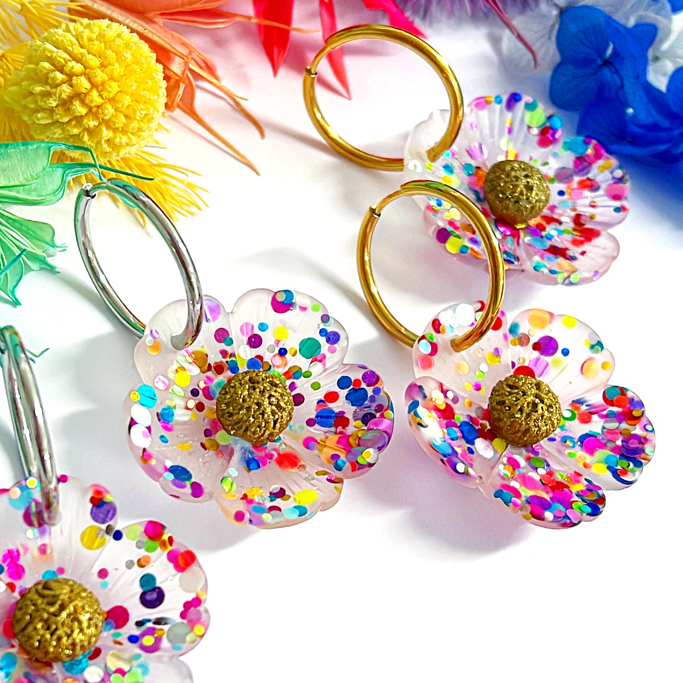 RAINBOW CONFETTI POPPIES : Large : Choose Silver or Gold fittings : Handmade Resin Drop Earrings on HOOPS