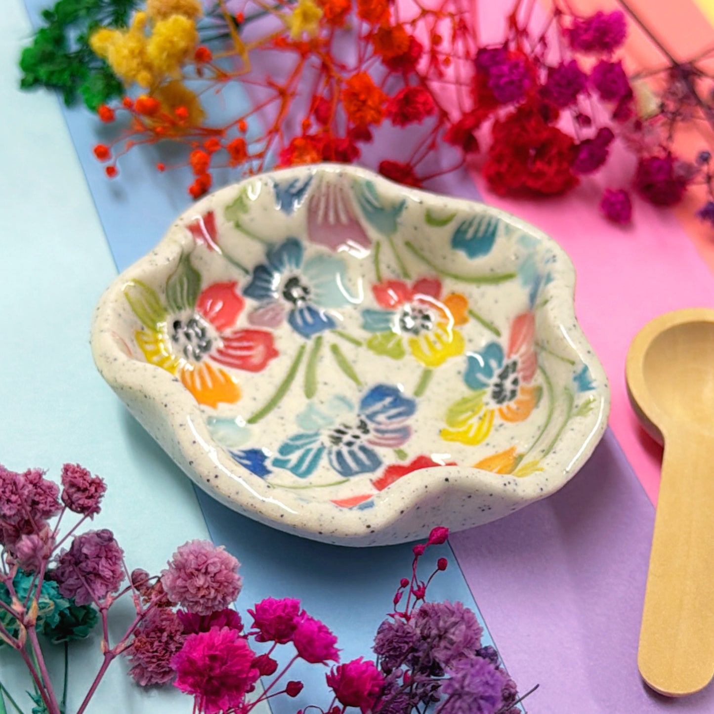 RAINBOW GARDEN ~ Wave-edged Bowl : Handmade Ceramic Treats & Tapas Dishes by Jo Kealley