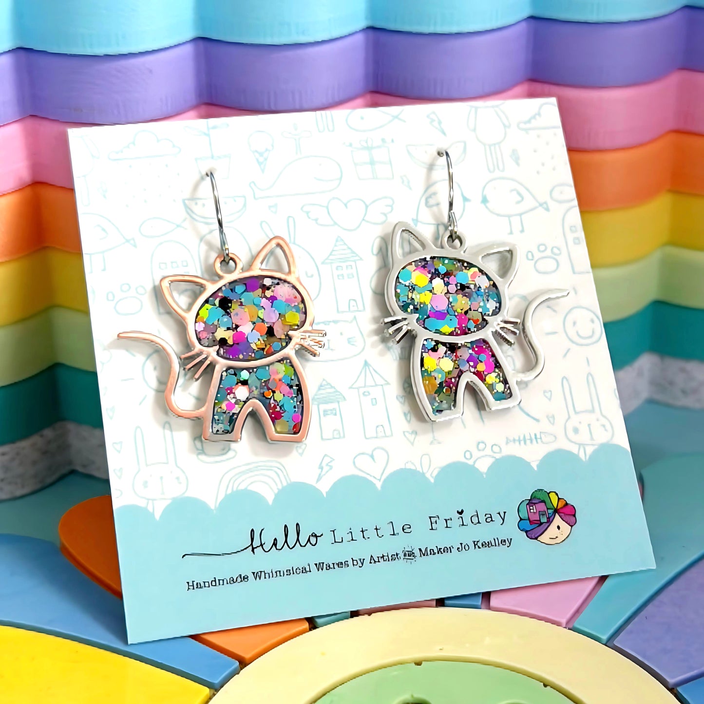 HELLO RAINBOW KITTY CAT : Handmade Resin DROP Earrings