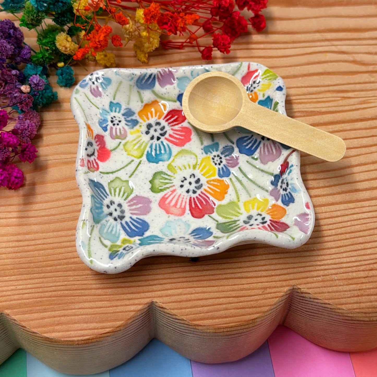 RAINBOW GARDEN ~ Wave-edge Square Dish : Handmade Ceramic Treats & Tapas Dish by Jo Kealley