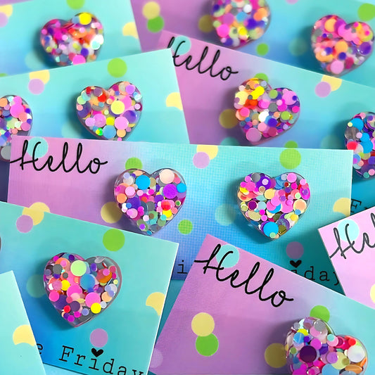 CONFETTI RAINBOW HEARTS : SMALL : Handmade Resin Earrings