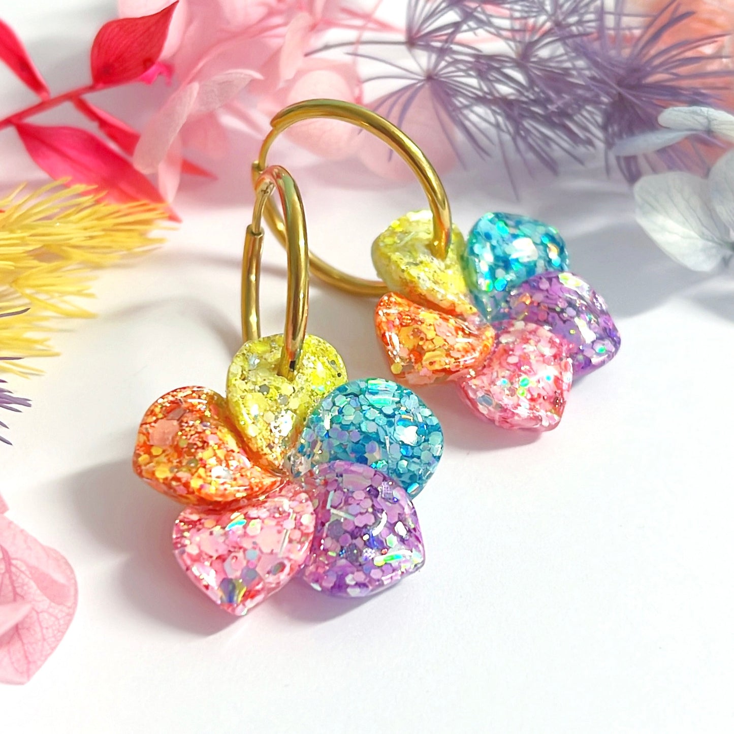 PASTEL RAINBOW FRANGIPANIS: Choose Silver or Gold fittings : Handmade Resin DROP Earrings