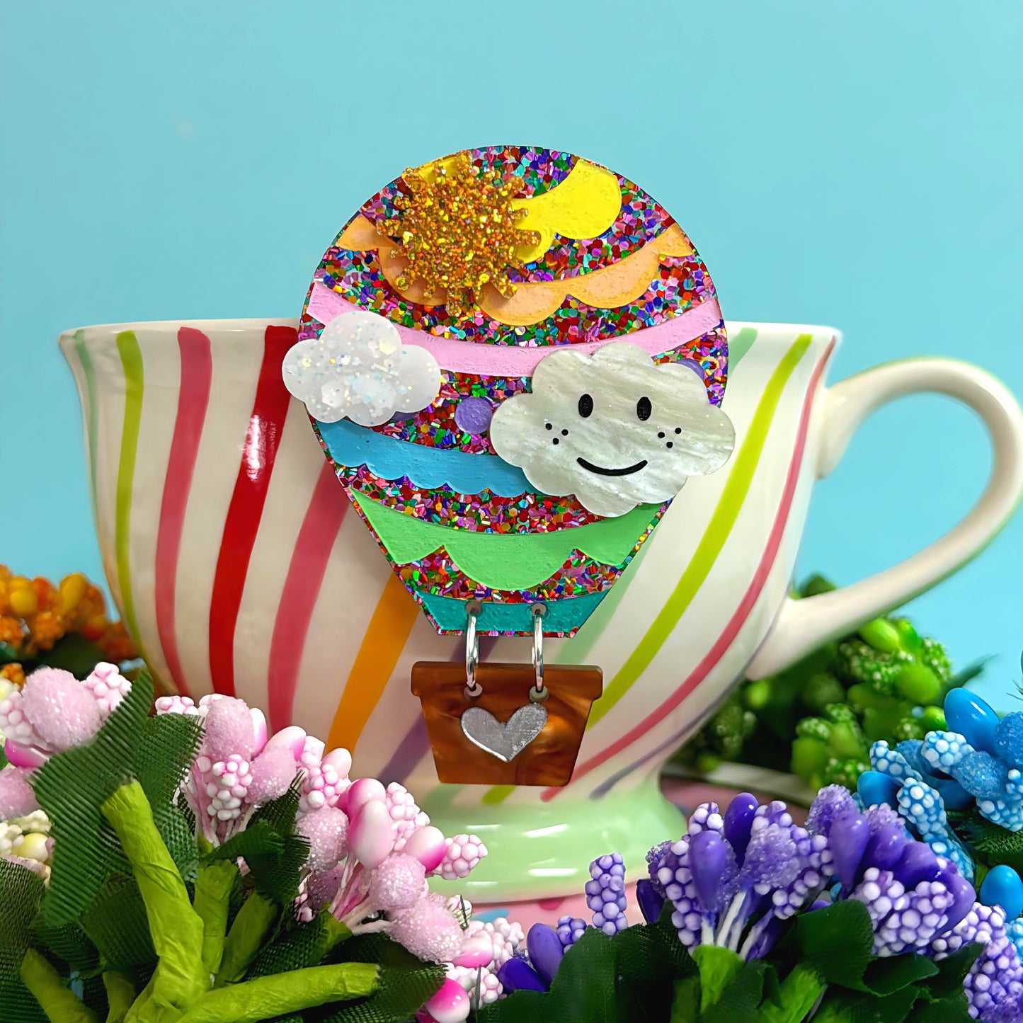 LET’S FLY AWAY : HOT AIR BALLOON : Pastel Rainbow : Handmade Resin & Acrylic BROOCH