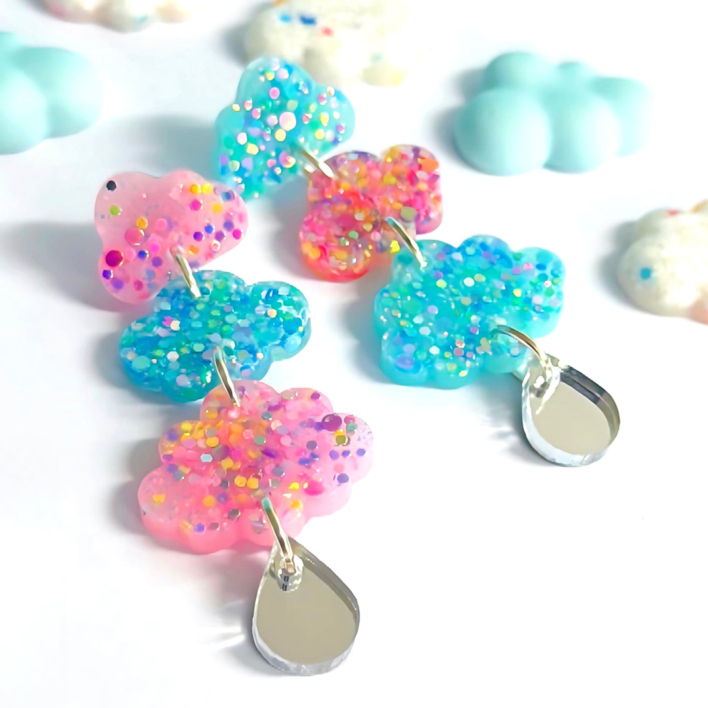 BUBBLEGUM CLOUDS : QUAD DROPS : Handmade Resin & Acrylic Drop Earrings