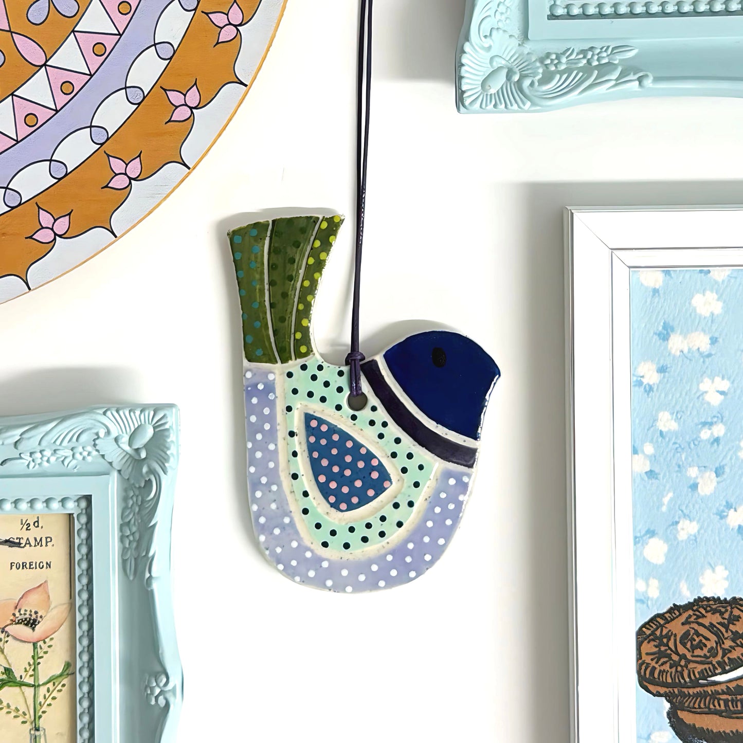 Hello Little BIRDIE ORNAMENT 1 : Handpainted Ceramic Wall Art by Jo Kealley