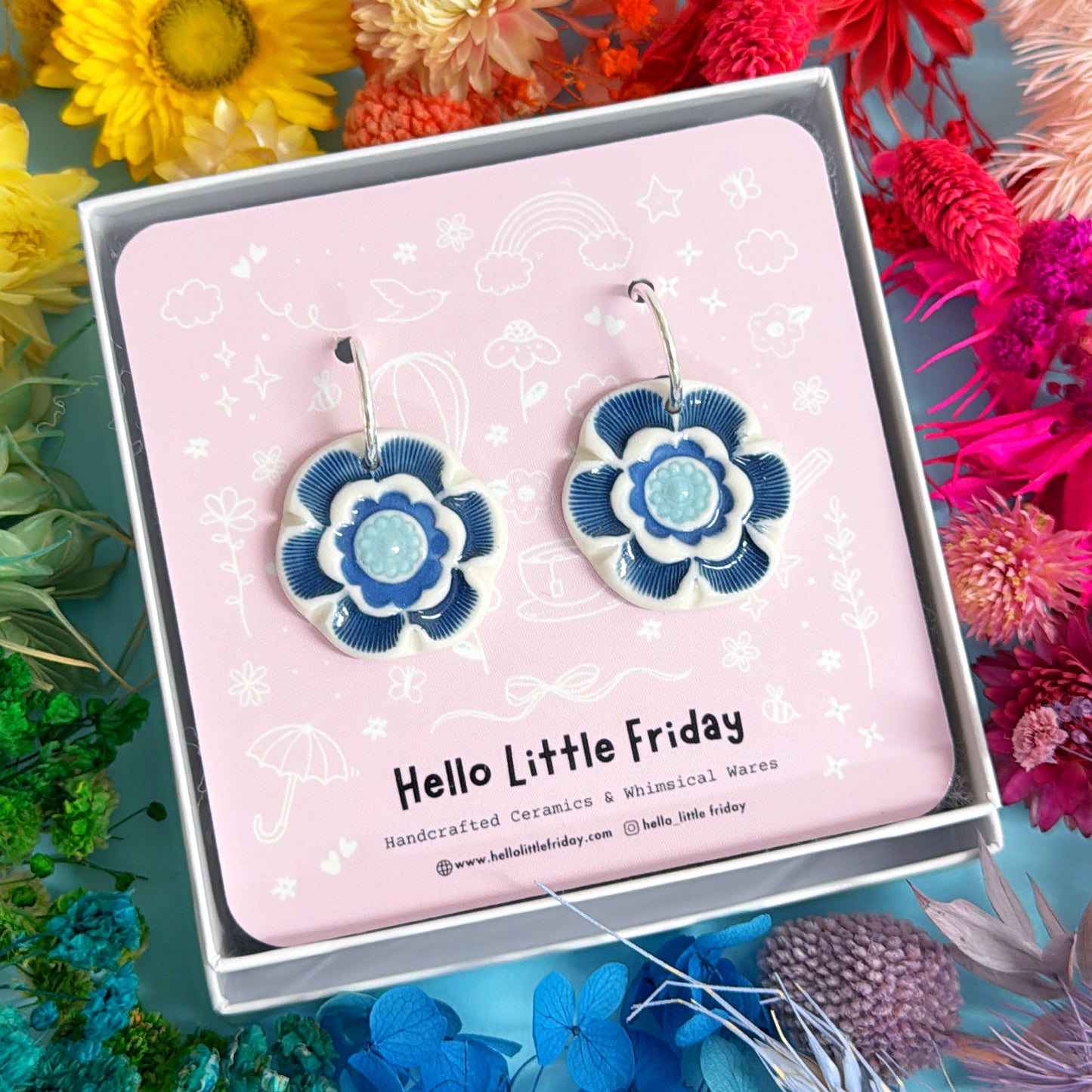 PEONIES Indigo & Sky ~ One of a kind pair : PORCELAIN Drop Earrings Handmade by Jo Kealley
