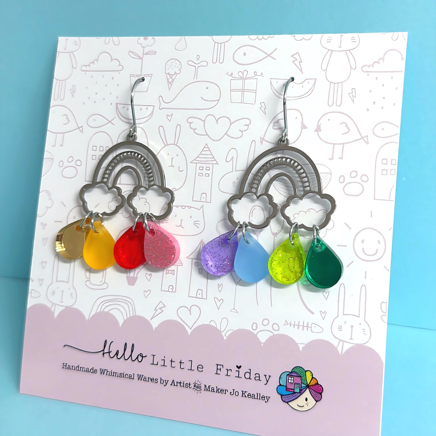 IT’S RAINING RAINBOWS SPARKLES : Silver  : Handmade Acrylic DROP Earrings