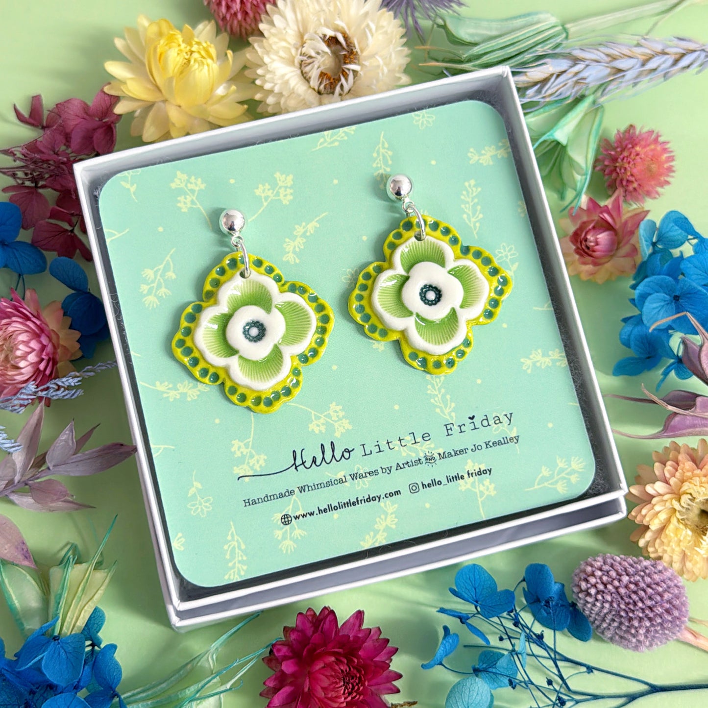 PRETTY PANSIES Emerald & Lime : One of a kind pair ~ PORCELAIN Drop Earrings Handmade by Jo Kealley