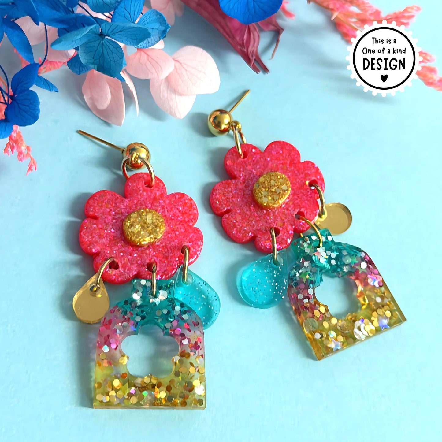 One of a Kind : BEAUTIFUL BOUQUET MINI : Handmade Resin DROP Earrings