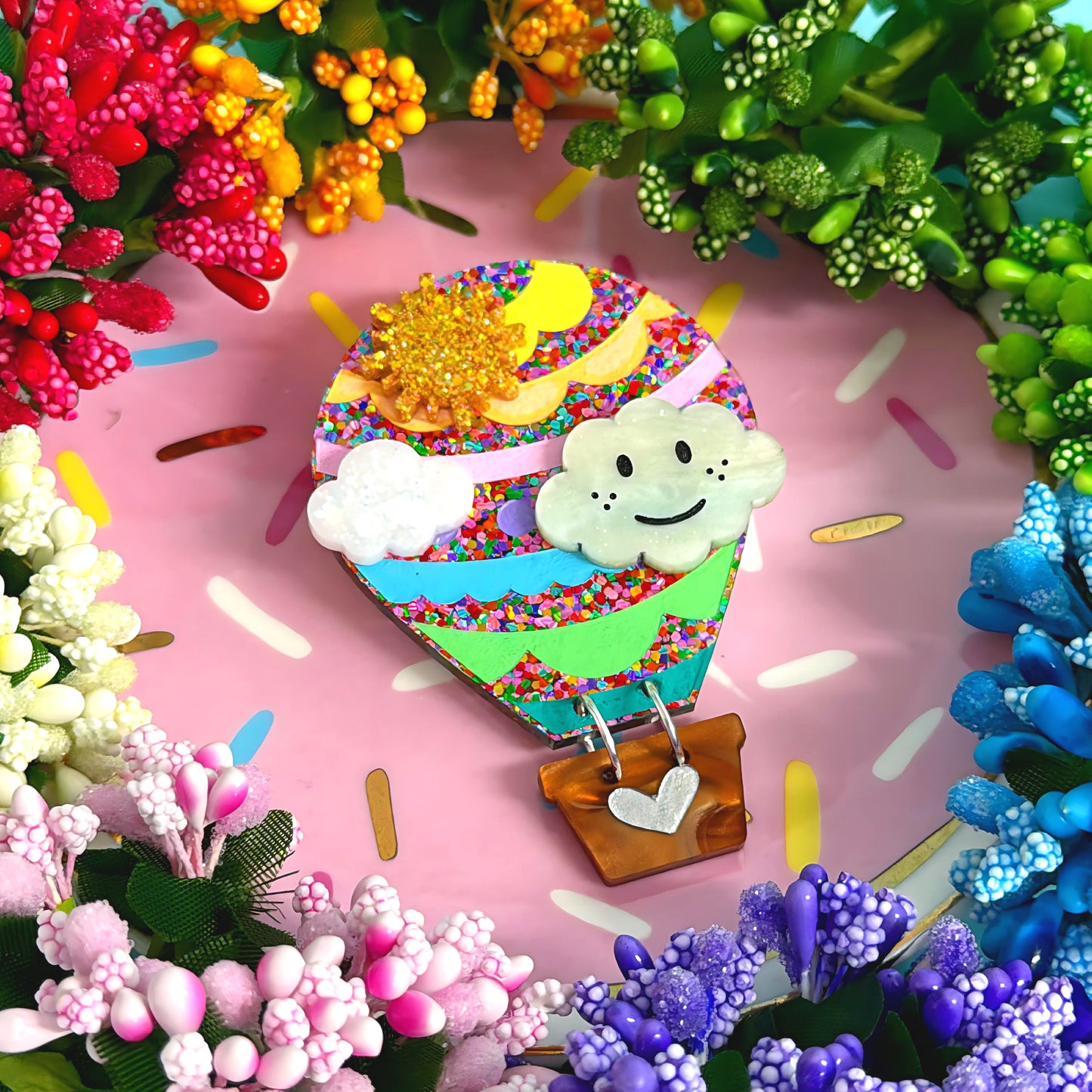 LET’S FLY AWAY : HOT AIR BALLOON : Pastel Rainbow : Handmade Resin & Acrylic BROOCH