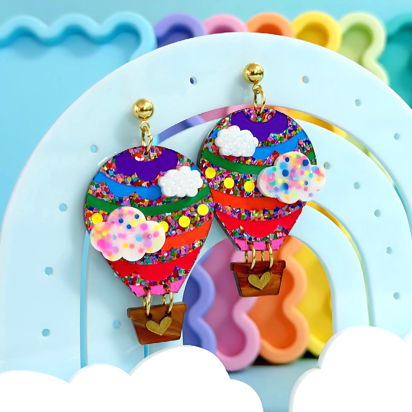 LET’S FLY AWAY : Bright Rainbow : HOT AIR BALLOONS : Handmade Resin & Acrylic DROP Earrings by