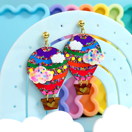 LET’S FLY AWAY : Bright Rainbow : HOT AIR BALLOONS : Handmade Resin & Acrylic DROP Earrings by