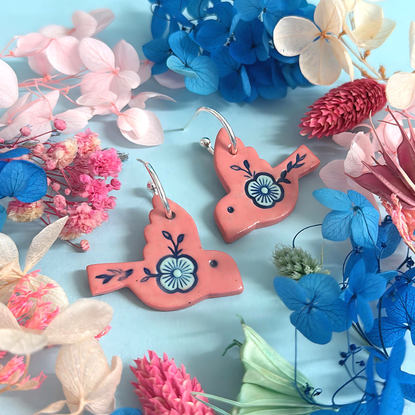 BOTANICA CERAMICA : Rose Pink : BLUEBIRDS : Ceramic Earrings by Jo Kealley